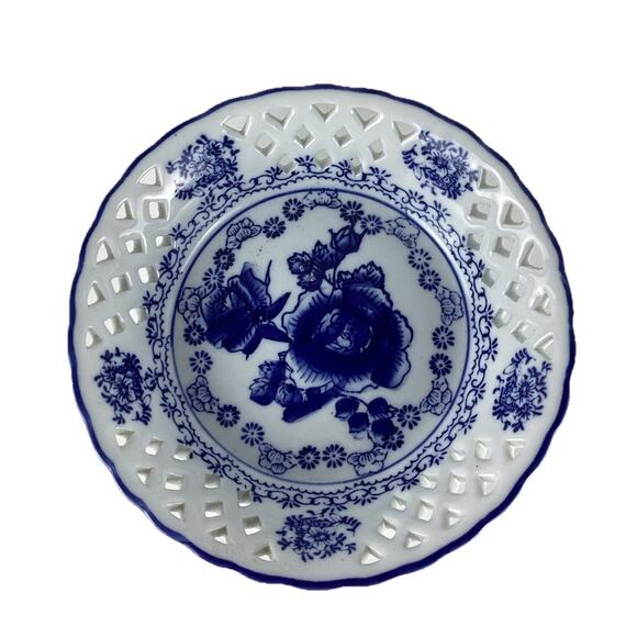 Blue White Rose Dish Open Lattice Ceramic Candy Dish Porcelain 6.5” - Picture 1 of 5